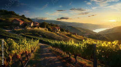 Scenic landscape of the hills of a winery grape garden with houses in a mountain valley under a beautiful sunrise