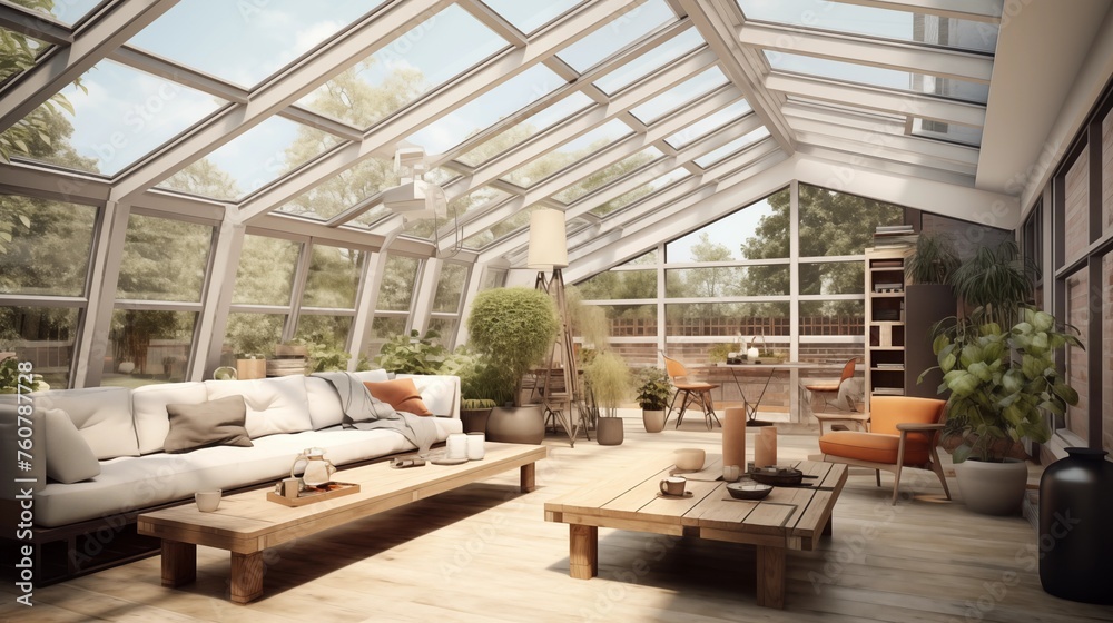 Sunroom brightened by oversized modern industrial skylights. Sunroom brightened by oversized modern industrial skylights.