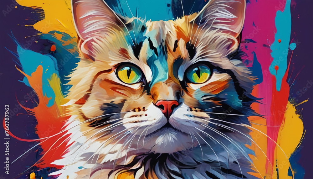 Fototapeta Colorful cat in printing colors. Generative AI.


