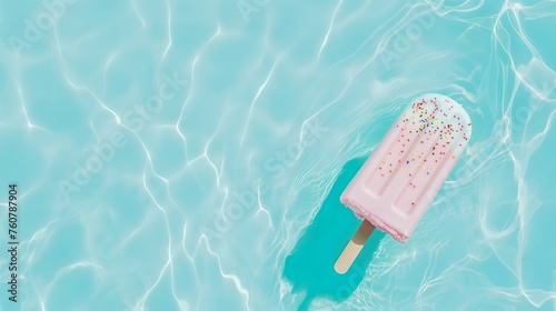 An inflatable rubber mattress in the shape of  sprinkled ice cream on the shimmering water surface. Minimal summer refreshment concept.