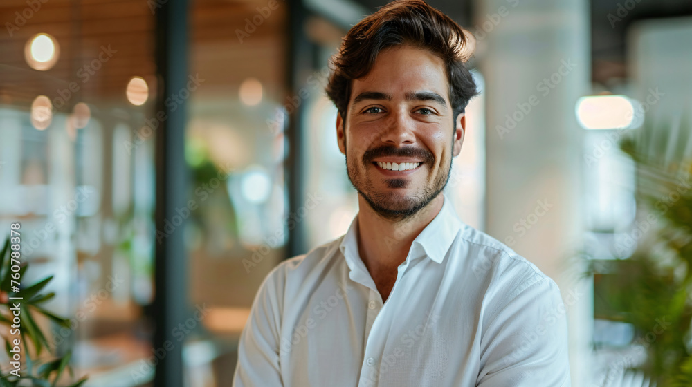 Fototapeta premium Smiling Confident Businessman in Modern Office Setting. Elegant stylish corporate leader successful ceo executive manager.