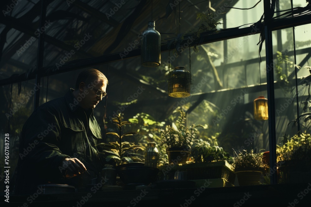 Male botanist examining plants in a greenhouse filled with sunlight.