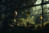 Male botanist examining plants in a greenhouse filled with sunlight.