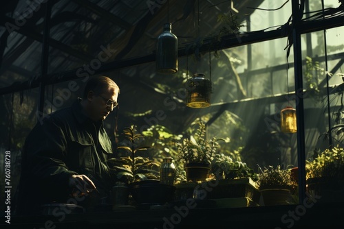 Male botanist examining plants in a greenhouse filled with sunlight. photo