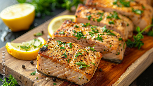 Grilled tuna steaks or slices served on a wooden plank with lemon and spices. 