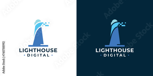 Creative Lighthouse Digital Logo. Lighthouse Rays as Digital Data with Minimalist Style. Beacon Tech Logo Icon Symbol Vector Design Inspiration.