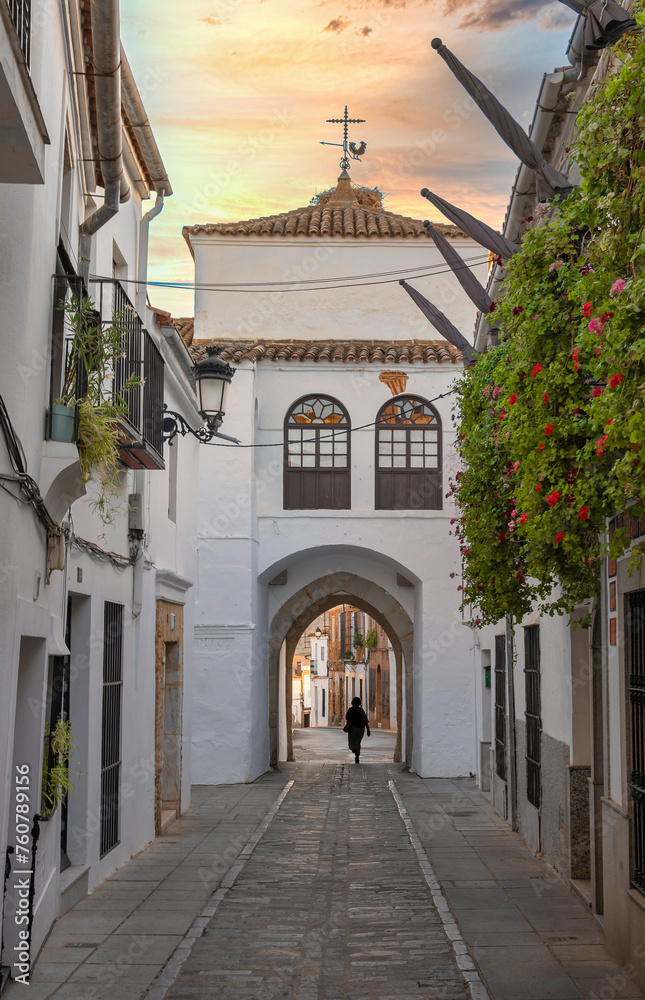 Antigua puerta de Jerez y calle peatonal adoquinada en la hermosa villa de Zafra, España. Con cielo editado