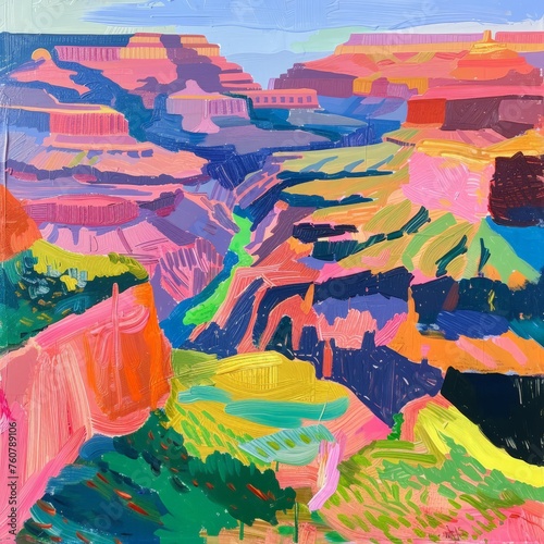 A painting depicting a vibrant canyon with towering mountains in the distance