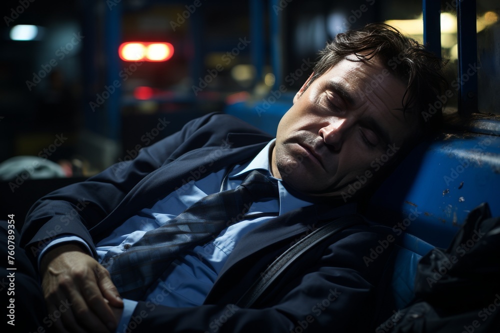 Businessman in suit sleeping on the bus on the way home from work