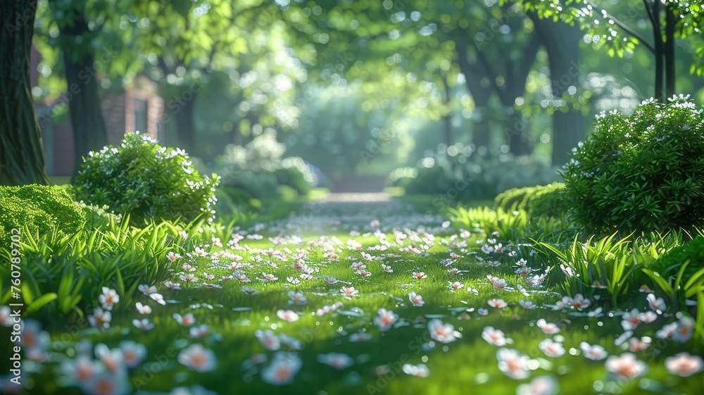 Mystical forest pathway with blooming flowers - A magical forest scene with a pathway surrounded by lush greenery and delicate blooming white flowers