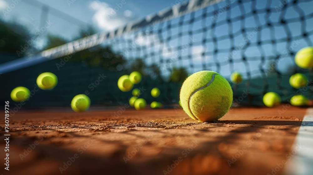 Tennis ball on clay court with net and balls - A close-up of a tennis ball on a clay court with the net and an array of balls in the background
