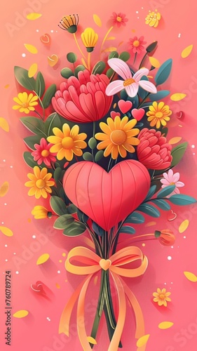 Vertical AI illustration love-inspired floral heart bouquet. Concept plants and flowers.