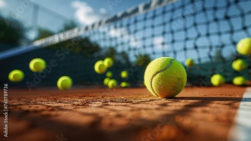 Tennis ball on clay court with net and balls - A close-up of a tennis ball on a clay court with the net and an array of balls in the background