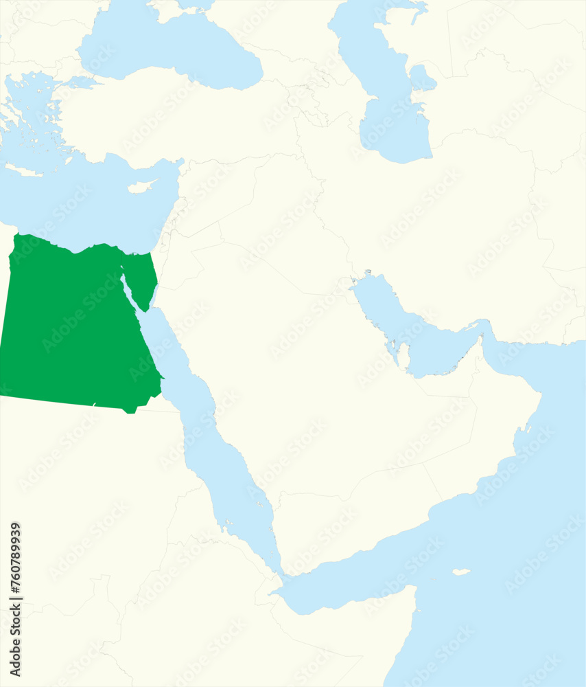 Fototapeta premium Green detailed CMYK blank political map of EGYPT with black national country borders on beige continent background and blue sea surfaces using orthographic projection of the Middle East