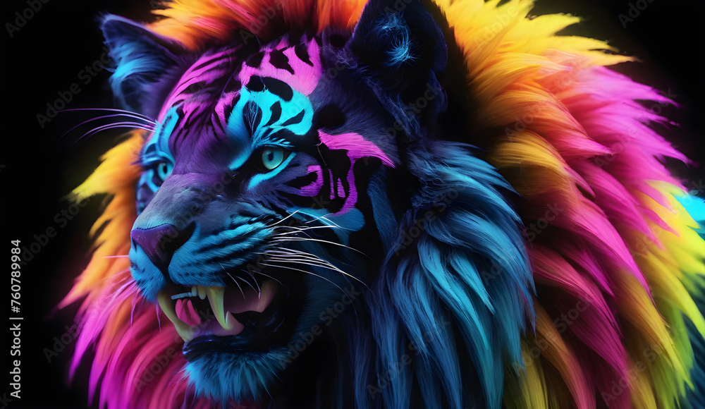 Growling Neon Abstract  multicolored Lion on a dark bokeh background
