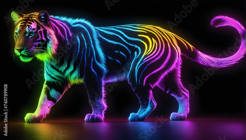 Growling Neon Abstract  multicolored Tiger on a dark bokeh background 