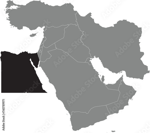 Black detailed CMYK blank political map of EGYPT with white national country borders on transparent background using orthographic projection of the gray Middle East