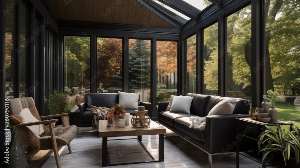 Sunroom combining charcoal stained cedar and matte black accents. Sunroom combining charcoal stained cedar and matte black accents.