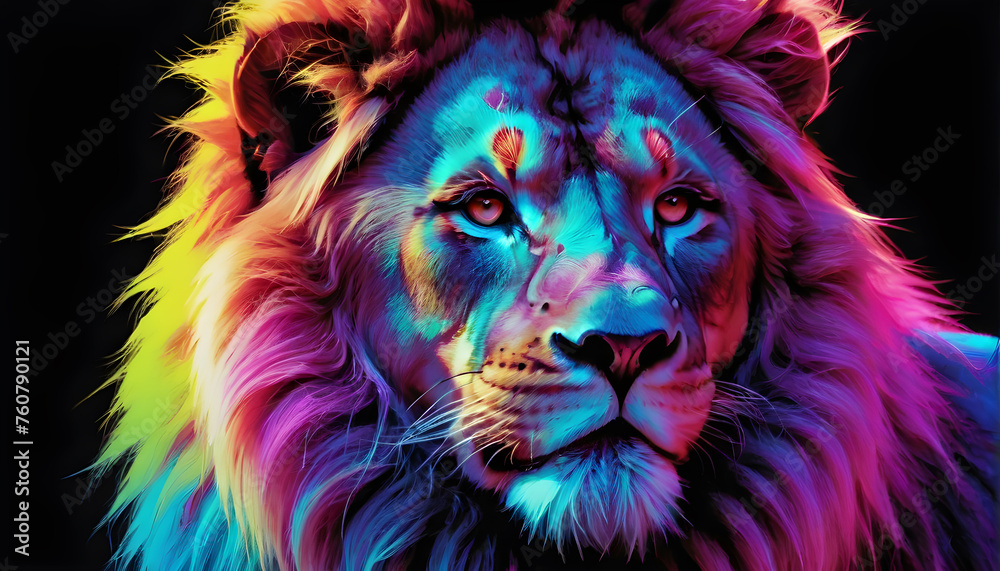 Growling Neon Abstract  multicolored Lion on a dark bokeh background
