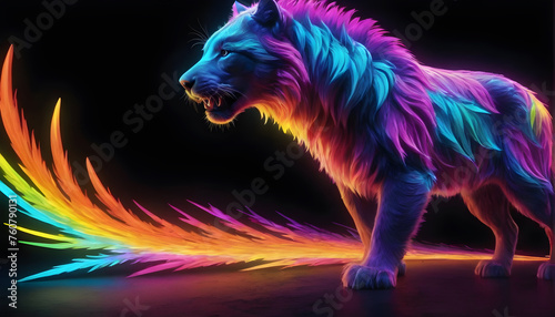 Growling Neon Abstract multicolored Lion on a dark bokeh background 