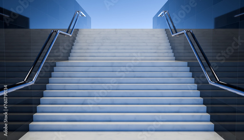 Empty black stairs in pedestrian subway. 3D Render. Marble or concrete staircase to the top with shiny chrome handrails leading to clear sky. View of the granite wall in the underpass, the handrail