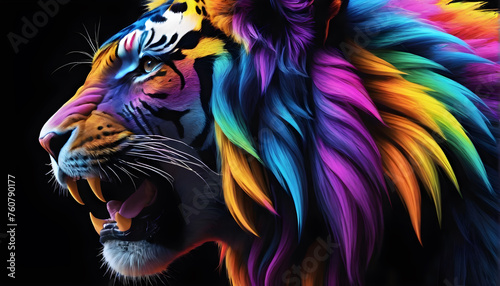 Growling Neon Abstract  multicolored Lion on a dark bokeh background 