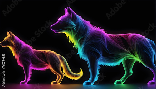 Growling Neon Abstract  multicolored Dog on a dark bokeh background  © anjana
