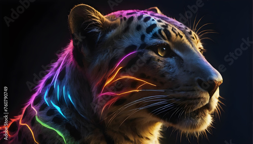 Growling Neon Abstract multicolored Tiger on a dark bokeh background 