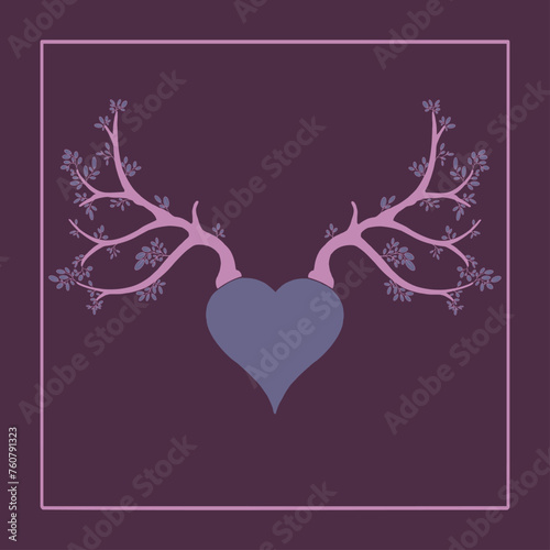 Fantasy vector illustration of a heart with antlers made from trees and branches and leafs- forest love