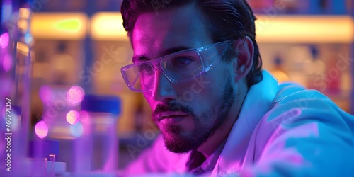 Scientist, illuminated by lab lights, demonstrates dedication to research discovery. Concept Research, Scientist, Lab Lights, Dedication, Discovery