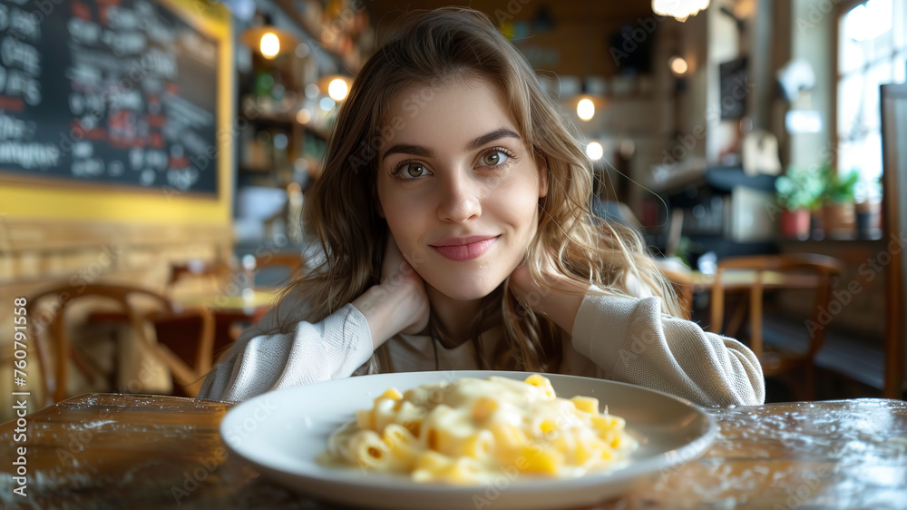 pretty young woman in restaurant, pretty young woman eating pasta in the restaurant, pasta with melted cheese