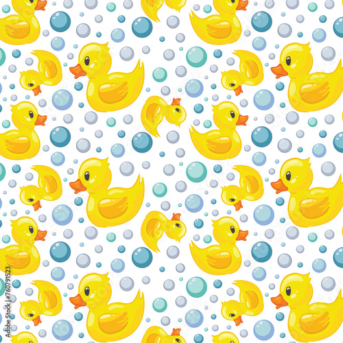 Modern abstract pattern with yellow rubber duck bubbles pattern. Cartoon flat vector illustration.  Seamless pattern.