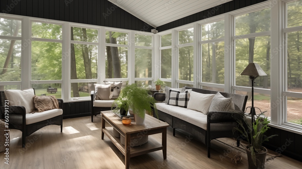 Fototapeta premium Sunroom combining light oak floors and black stained tongue-and-groove.
