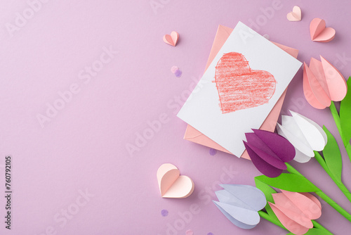 Mother's Day craft idea shown from top view: paper tulips, a card with hand drawn heart, plus hearts and confetti on a soft lilac backdrop, space for text photo