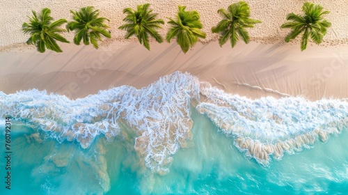 Fototapeta Naklejka Na Ścianę i Meble -  Tranquil aerial view of luxurious maldives island beach with palm trees on white sandy shore