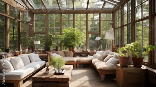 Sunroom combining rustic repurposed and modern elements.