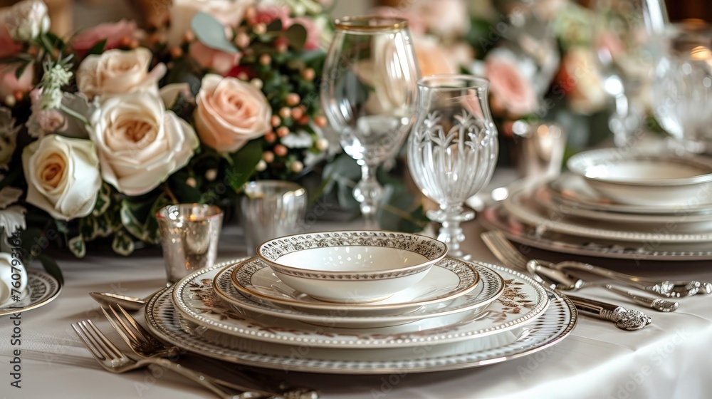 Fototapeta premium Indulge in Luxury: Fine China and Crystal Glassware Adorned Tables in Elegant Style