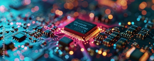 closeup on an advanced GPU ram microchip or cpu of a powerful computer board for artificial intelligence technology as wide banner design with copy space area - Generative AI photo