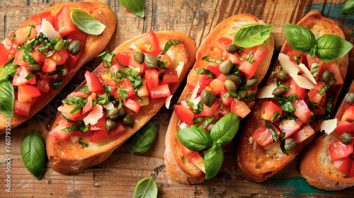 Top view of bruschetta with tomatoes, bell peppers and capers on a wooden table background. photo