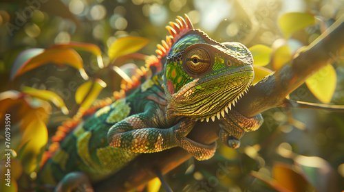 close up of iguana on a branch   warm natural light