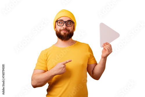 man pointing at play button sign isolated on transparent background