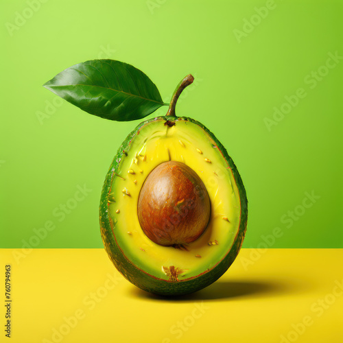 avocado with lieaf on yellow and green gradient background, photo