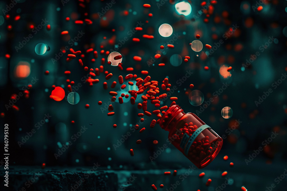 Spilled red capsules from a glass bottle with bokeh lights in the background. Close-up healthcare photography with a warm glow and reflective surface. Medical concept design for health articles, pharm - obrazy, fototapety, plakaty 