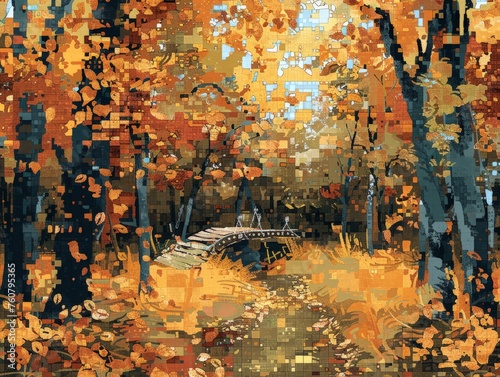 A painting of a park bench surrounded by trees in a park setting