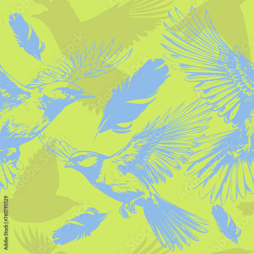 Seamless pattern of blue birds. hand drawing. Not AI, Vector illustration