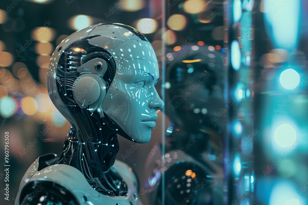 Reflective robot head with intricate design