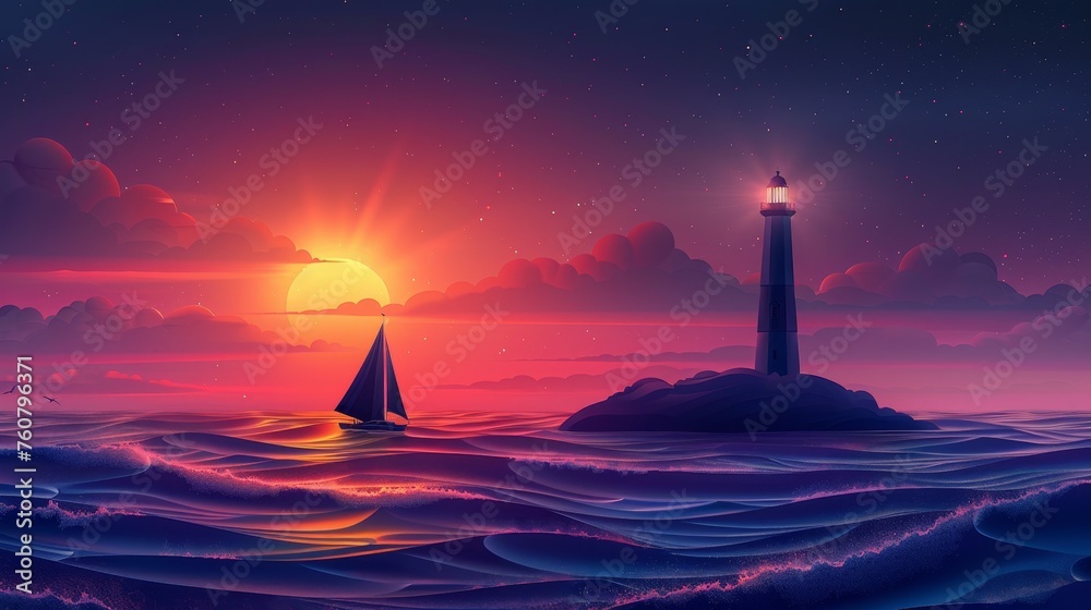 Lighthouse and sailboat at the sea at night in futuristic glowing style