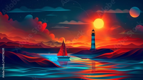 Lighthouse and sailboat at the sea at night in futuristic glowing style