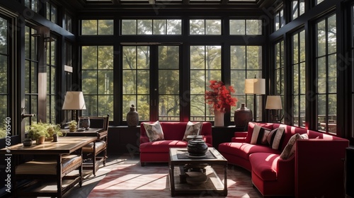 Sunroom featuring blackened steel windows and oxblood red accents. photo