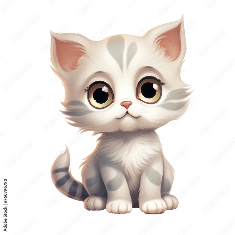 Cute kitty cat with big eyes isolated on white background. Kitten illustration in cartoon style Cute kitty cat with big eyes isolated on white background. Kitten illustration in cartoon style